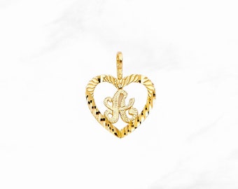 14K Gold Heart Initial Pendant, Real Yellow Gold Alphabet Pendant, Personalized Diamond Cut Gold Letter A-Z Charm