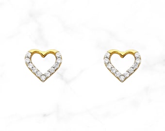 14K Gold Heart with Gems Earrings • Real Yellow Gold Earrings • Dainty Heart Studs • CZ Gem Push Back Earrings •