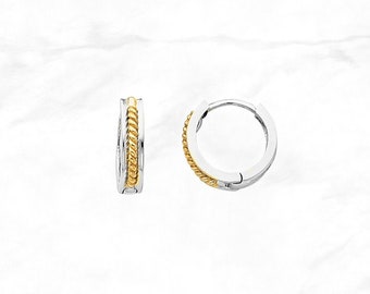 14K Gold Rope Design Huggies Hinged Hoop Earrings, Real White and Yellow Gold Hoops, Dainty Minimal Two Tone Hoops,