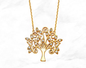 Tree of Life Necklace, Real 14K Yellow Gold Tree of Life Pendant, Cubic Zirconia Gem Tree Floral Nature Necklace