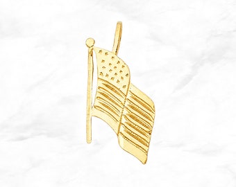 14K Gold American Flag Pendant • Real Gold USA Flag Charm • Polished Yellow Gold America Pendant