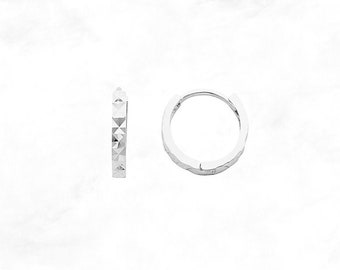 Petite 14K White Gold Diamond Cut Huggies • Slim Huggie Hoop Earrings • Real 14K White Gold Hoop Earrings