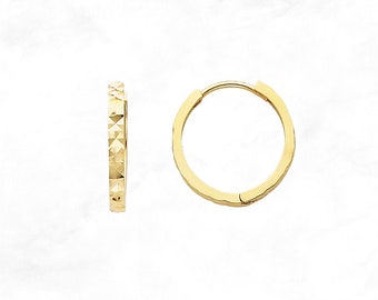 Medium 14K Gold Huggies • Diamond Cut Gold Hoops • Petite Slim Gold Huggies • Real Yellow Gold Hoop Earrings •