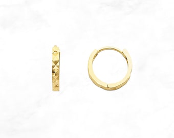 Petite 14K Gold Huggie Earrings • Diamond Cut Gold Hoops • Slim Gold Huggies • Real 14K Yellow Gold Hoop Earrings