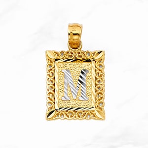 Solid 10K Gold Initial Square Pendant, Real Two Tone Gold Alphabet Frame Pendant, 10K Gold Letter Square A-Z Charm,