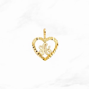 14K Gold Heart Initial Pendant, Real Yellow Gold Alphabet Pendant, Personalized Diamond Cut Gold Letter A-Z Charm