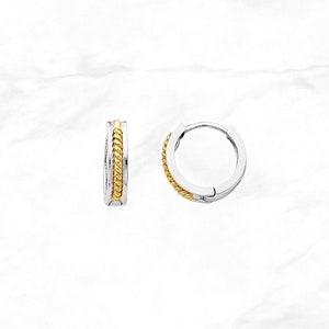 14K Gold Rope Design Huggies Hinged Hoop Earrings, Real White and Yellow Gold Hoops, Dainty Minimal Two Tone Hoops,