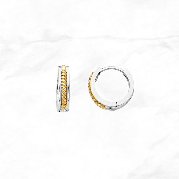 14K Gold Rope Design Huggies Hinged Hoop Earrings, Real White and Yellow Gold Hoops, Dainty Minimal Two Tone Hoops,