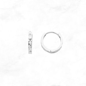 Petite 14K White Gold Diamond Cut Huggies • Slim Huggie Hoop Earrings • Real 14K White Gold Hoop Earrings