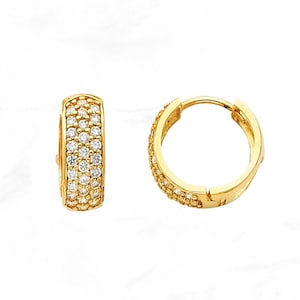 14K Gold Hinged Huggies CZ Gem Earrings • 6 mm Thick Huggies • Real Yellow Gold Hoops with Cubic Zirconia Stones • Petite Huggie Earrings
