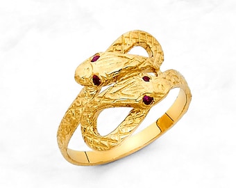 Solid 14K Snake Duo Ring • Real Gold Snake Ring • Golden Snake CZ Ring • Diamond Cut Double Snake Ring