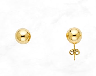 14K Gold Ball Stud Earrings with Push Back • 3 mm - 8 mm width • Real Yellow Gold Polished Minimal Plain Ball Studs Post