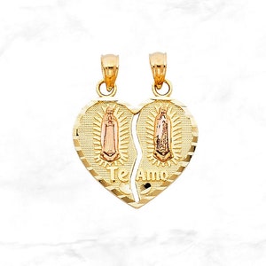 Pendentif coeur Te Amo Guadalupe 14 carats • Pendentif coeur Vierge de Guadalupe en or véritable 14 carats • Pendentif Vierge Marie coeur brisé en or