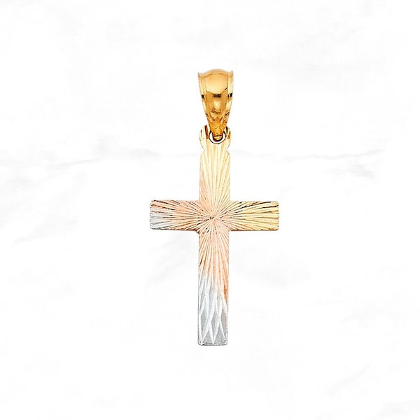 14K Tri Color Cross Charm • Real Tri Tone 14K Gold Cross Pendant • Diamond Cut Cross Charm • Yellow White Rose Gold Cross Charm