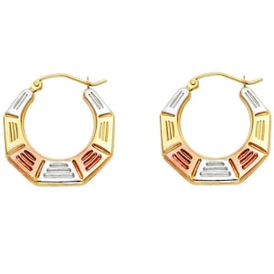 14K Gold Tri Color Hoops, Fancy Diamond Cut Hoop Earrings, Real 14K Tri Gold Hollow Hoops, Medium Hoop Earrings