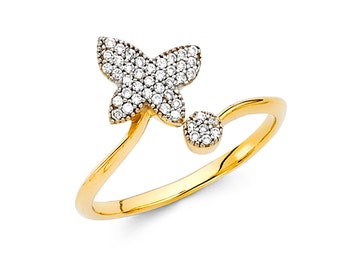 14K Minimal Butterfly Gem Ring • Real 14K Gold Butterfly Ring • Cubic Zirconia Gems • Petite and Dainty Butterfly Ring •