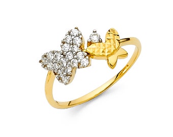 14K Gold Butterfly Duo Ring • Real 14K Gold Butterfly Ring • Cubic Zirconia Gems • Dainty Double Butterfly Ring