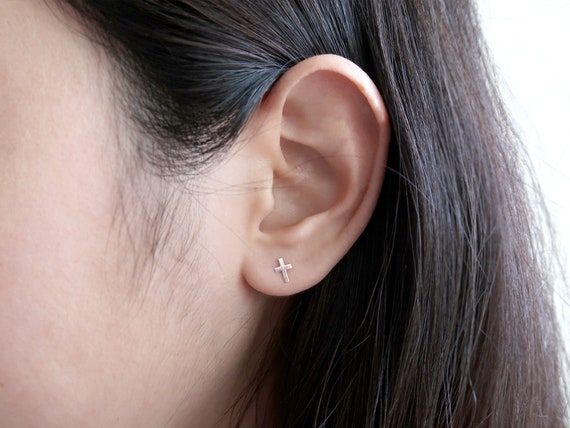 14K White Gold Cross Earrings w Screw Back Real White Gold Cross Studs Minimal Petite Dainty Small Cross Studs