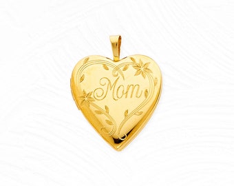 14K Gold Mom Heart Locket, Real 14K Yellow Gold Mom Locket, Floral Mom Locket, Gold Locket Necklace Jewelry