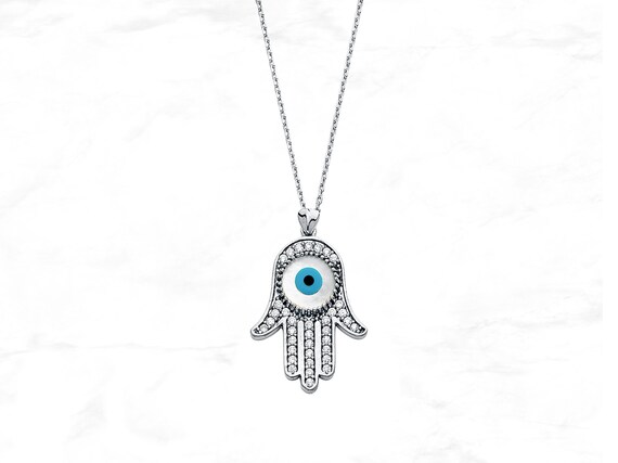 14K White Gold Evil Eye Hamsa Necklace with CZ Gems Real White Gold Evil Eye Charm Necklace Dainty Lucky Evil Eye Hand Pendant Necklace
