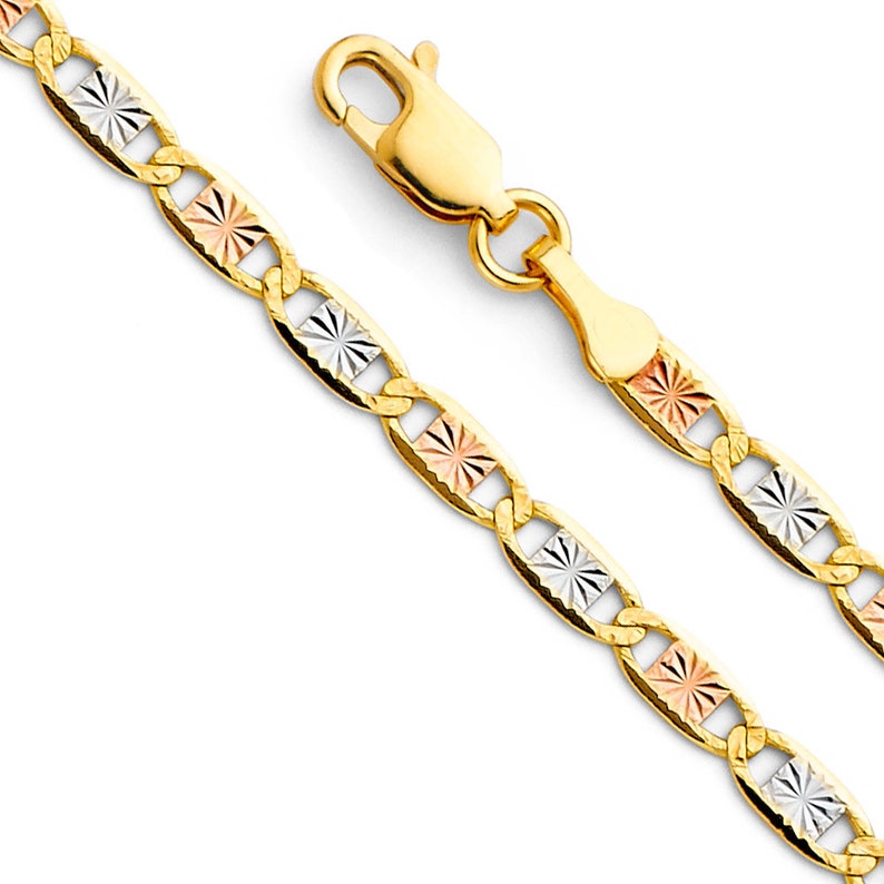 May include: A gold chain necklace with a three-tone design. The chain is made of yellow, white, and rose gold. The links are oval-shaped and have a diamond-cut finish.