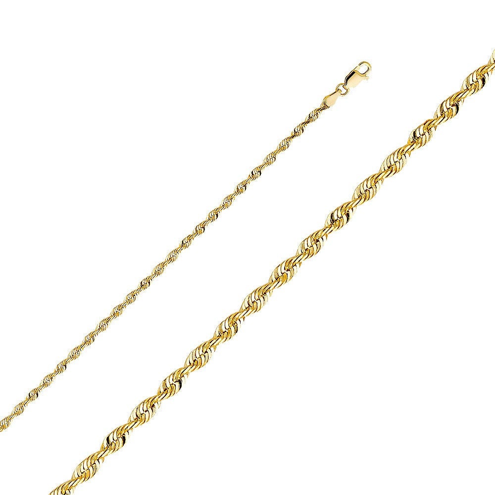 Solid 14K Gold Rope Bracelet Chain, 3 mm width, Real Yellow Gold Diamond Cut Chain Bracelet
