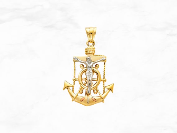 14K Tri Color Gold Anchor Cross Pendant, 14K Color Gold Crucifix