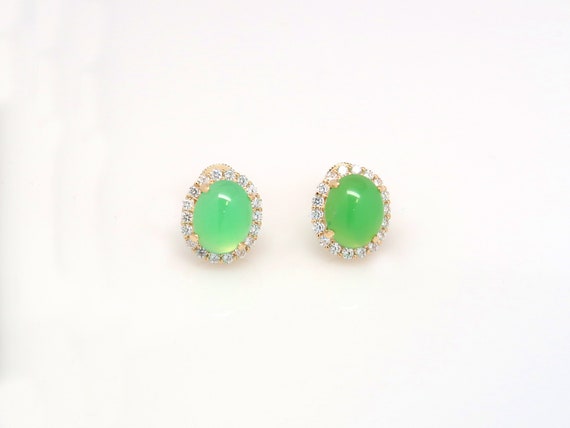 Solid 14K Gold Jade Earrings With Gems Real 14K Yellow Gold Jade