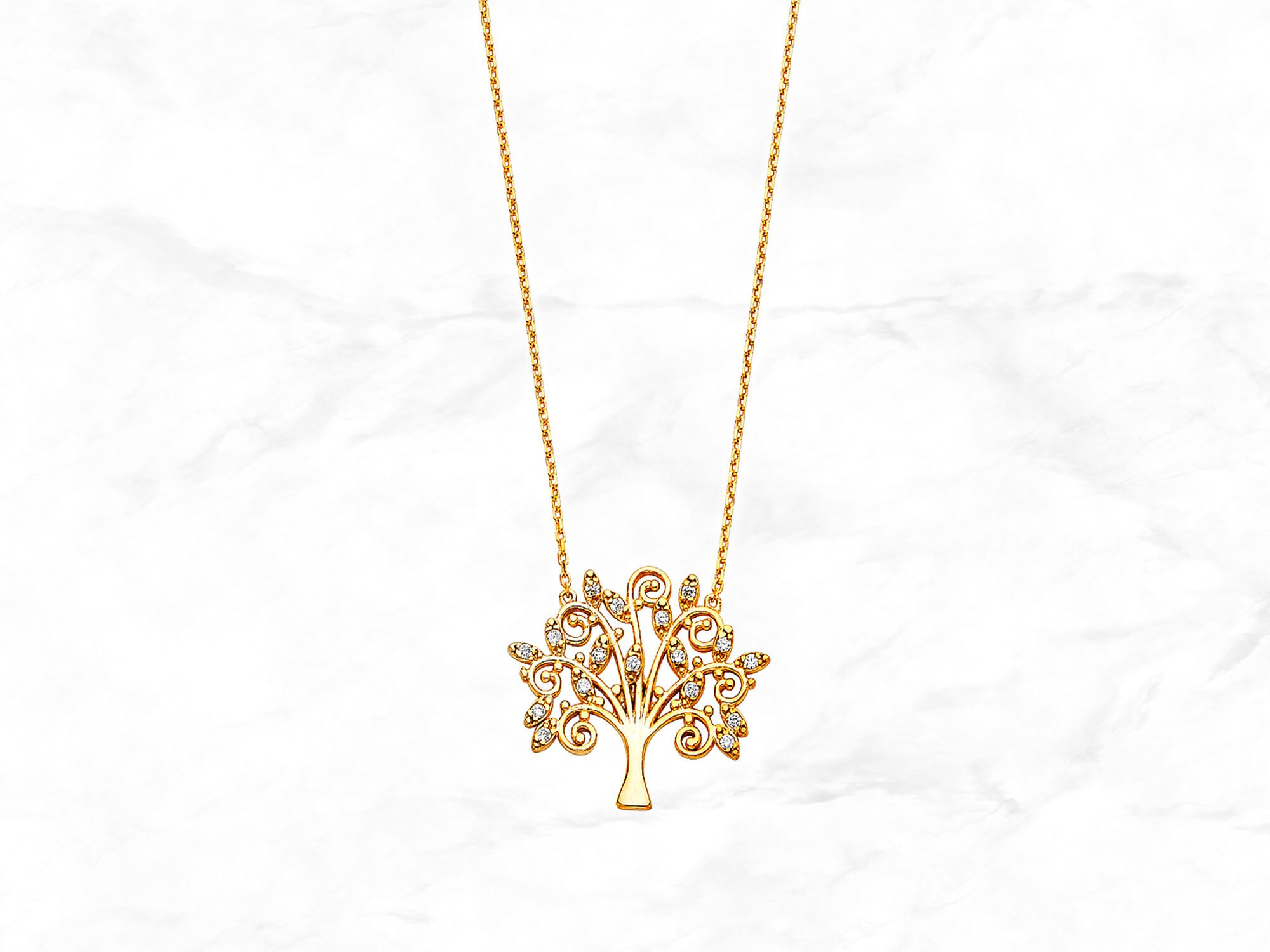 Tree of Life Necklace, Real 14K Yellow Gold Tree of Life Pendant, Cubic ...