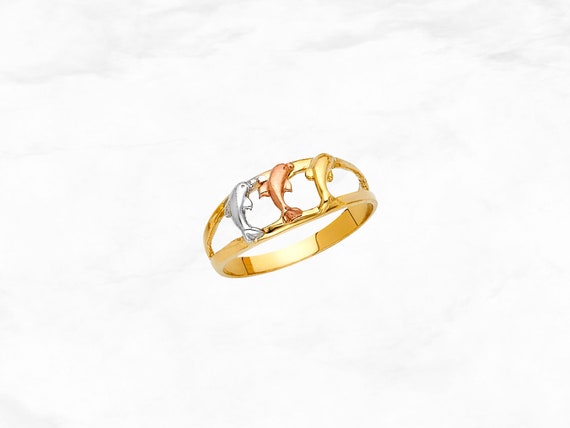 Anillo de delfines de oro de 14K anillo de delfines de oro real de 3 colores anillo de tres delfines de oro rosa blanco amarillo banda triple de