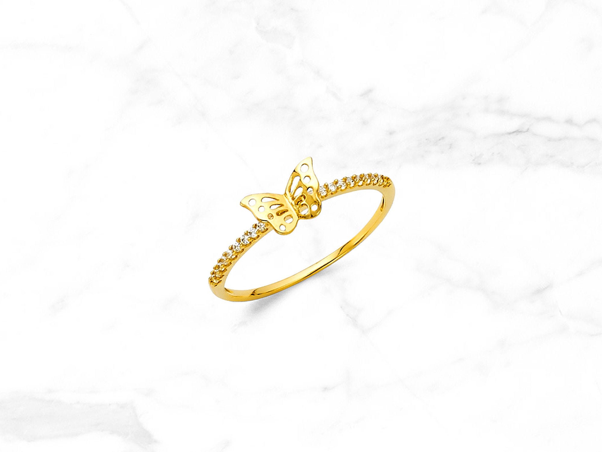 14K Gold Butterfly With Petite Gems Ring, Real Yellow Gold