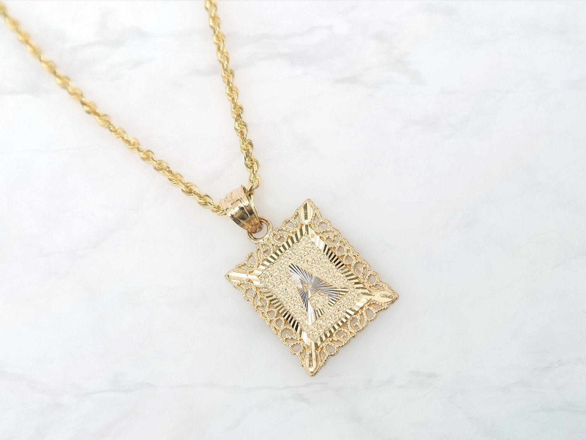 14K Gold Initial Frame Necklace Real 