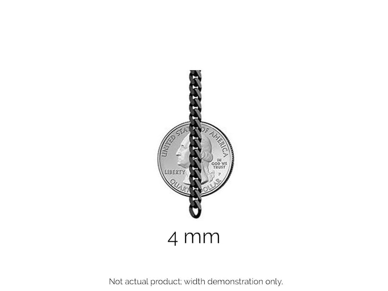 May include: A close-up of a silver US quarter coin next to a black chain. The chain is 4 mm wide. The text on the coin reads "UNITED STATES OF AMERICA", "LIBERTY", "IN GOD WE TRUST", and "QUARTER DOLLAR".
