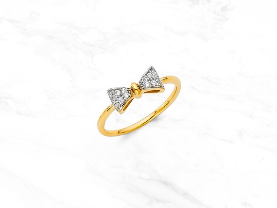 14K Golden Bow Tie with Gems Ring Real 14K Gold Ring Cubic Zirconia Gems Minimalist Design Dainty Bow Tie Ring