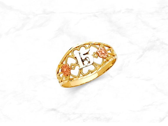 Size 7 Jewel Tie Solid 14k Yellow Gold 15 Years Birthday Heart Quince Anos Ring