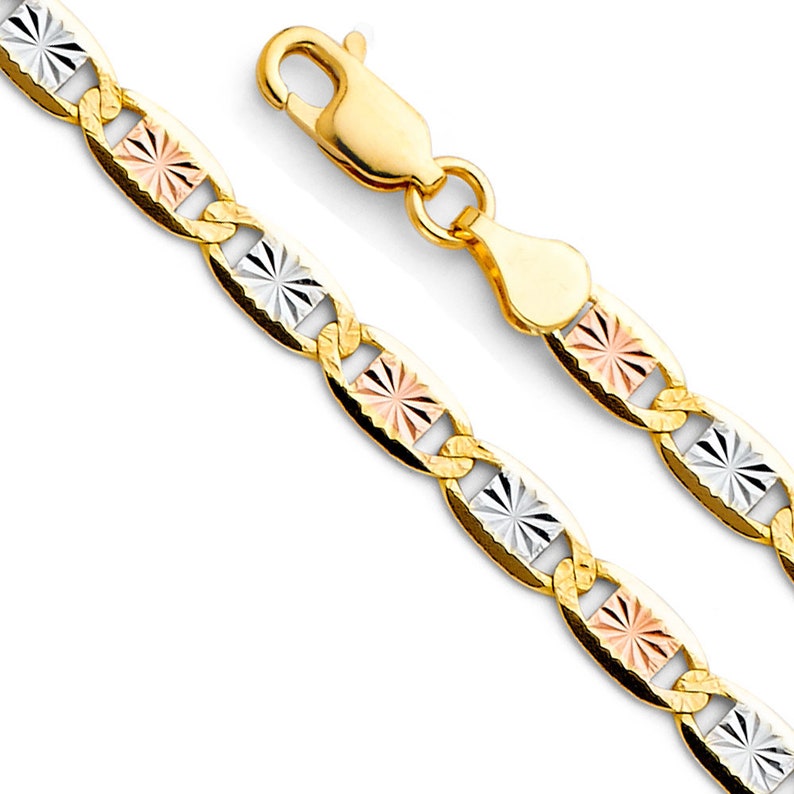 May include: A gold chain necklace with alternating sections of yellow, white, and rose gold. The chain links are oval-shaped with a starburst design in the center of each section. The clasp is gold.