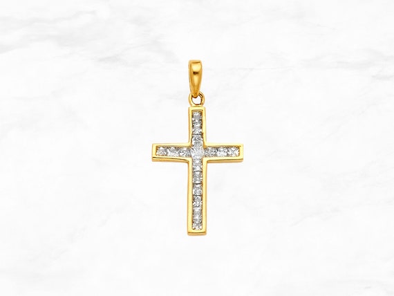 14K Gold Cross Pendant with Gems, Real 14K Yellow Gold Cross, Cubic  Zirconia CZ Gems Gold Cross, Religious Pendant, Baptism Gift