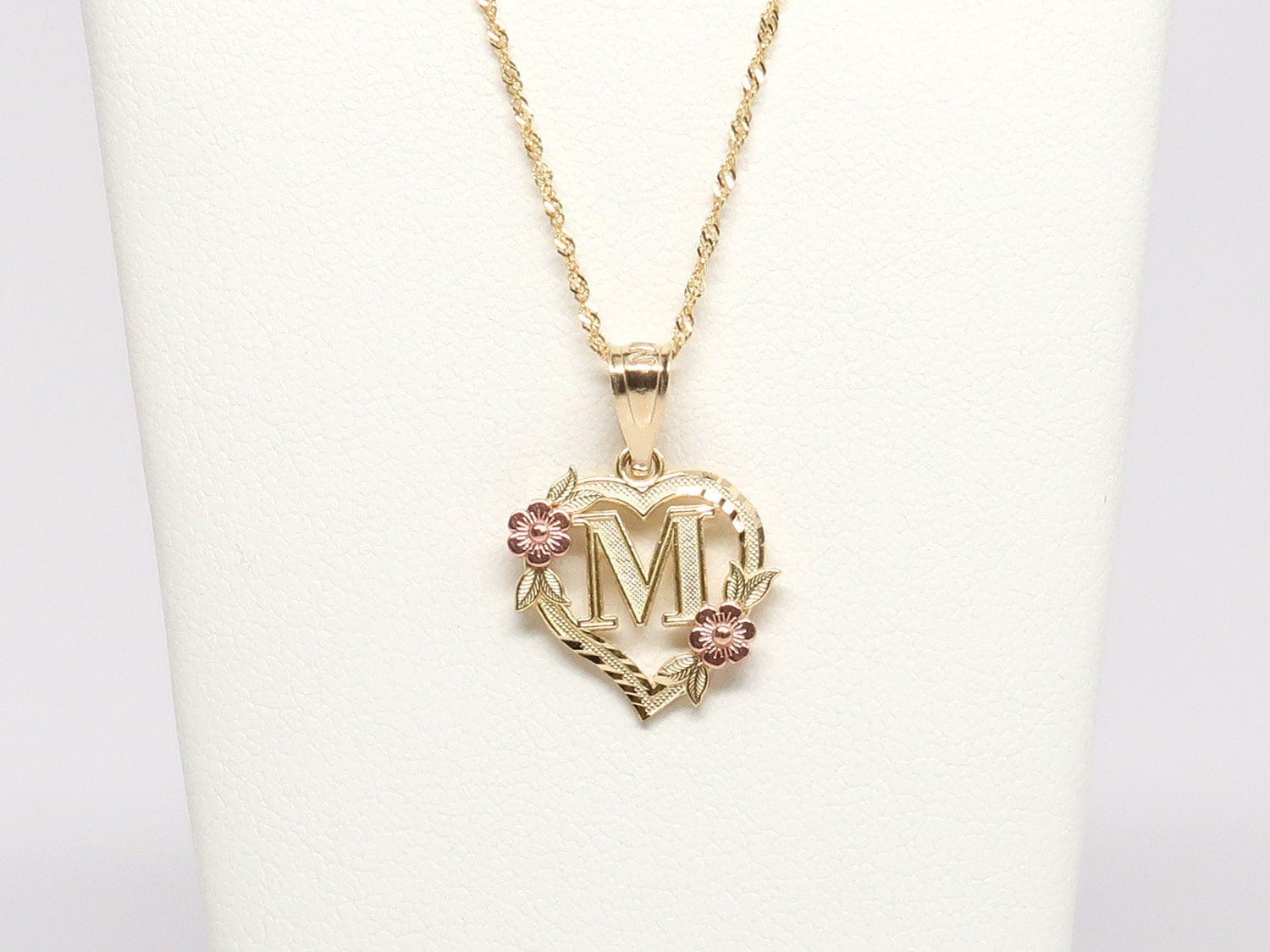 14K Flower Heart Initial Necklace Gold Letter A-Z Charm 