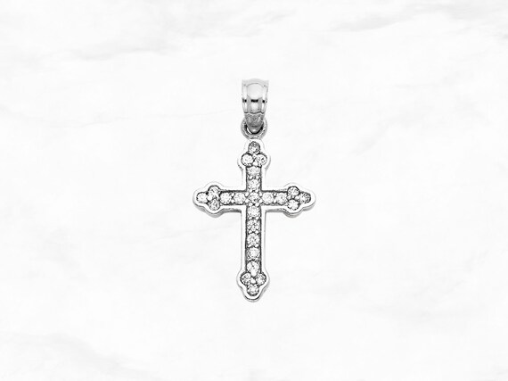 14K White Gold Cross Pendant With Gems, Real 14K Gold Cross, CZ
