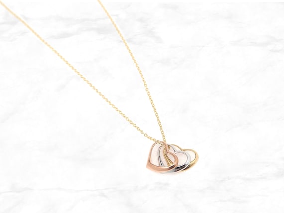 14K Gold Tri Color Heart Necklace Real Tri Tone 3 Heart Pendant