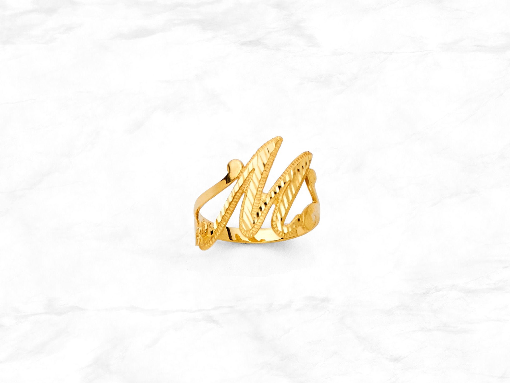 10k Solid Gold Cursive Initial Letter Alphabet Diamond Cut Ring (Medium-22.0 mm)