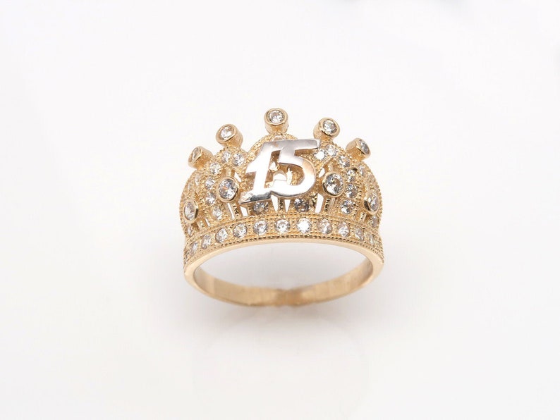 10K Gold Quinceañera Crown Ring Real TwoTone Gold 15 Años Etsy