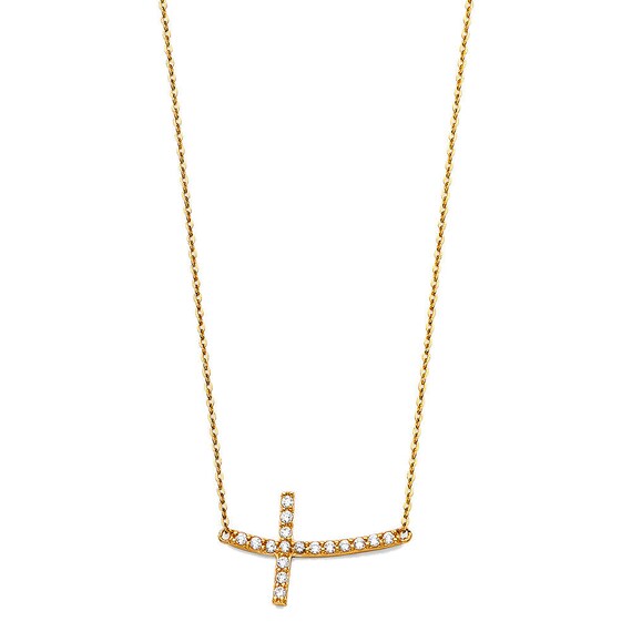 14K Gold Sideways Curved Cross Cute CZ Necklace