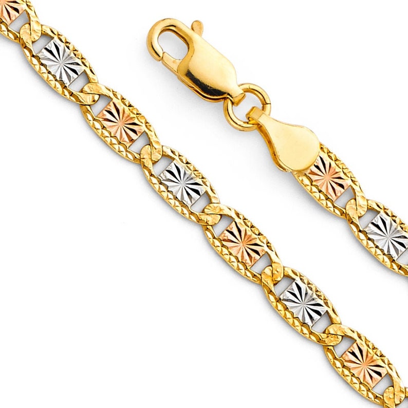 May include: A gold chain necklace with a diamond-cut design. The chain is made of three different colours of gold: yellow, white, and rose.