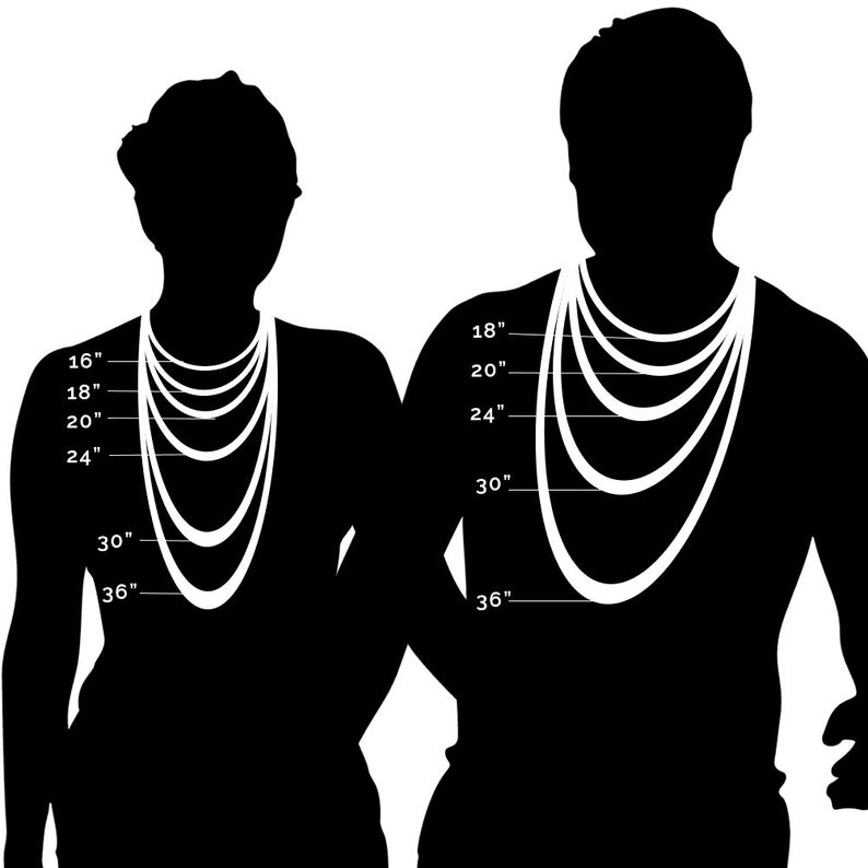 May include: Silhouettes of two people showing different necklace lengths in inches, from 16 inches to 36 inches.
