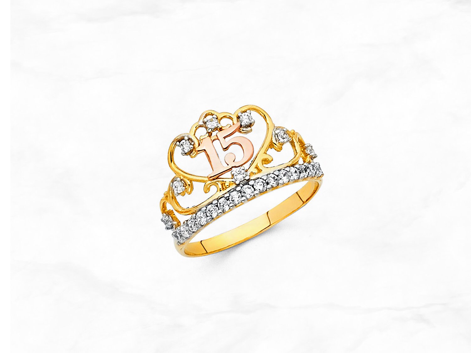Anillo de Quinceanera con Corona de Corazon y Gemas en Oro de 14 Quilates Anillo de 15 Anos en Oro Real de Dos Tonos Anillo de Cumpleanos Numero