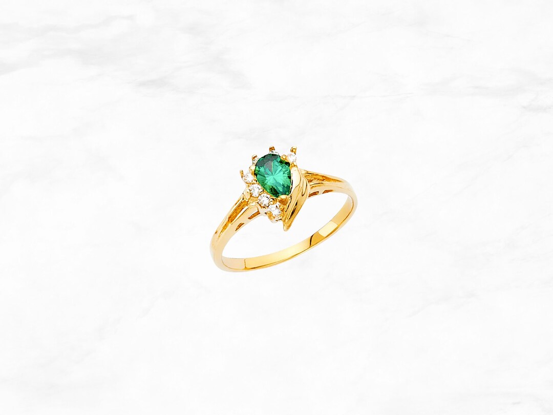 Green Gem Gold Ring, Real 14K Gold Ring, Authentic Cubic Zirconia Green ...