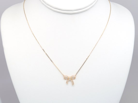 14K Ribbon Pendant Necklace With Gems, Real Yellow Gold 14K Ribbon Pendant Necklace With Gems, Real Yellow Gold