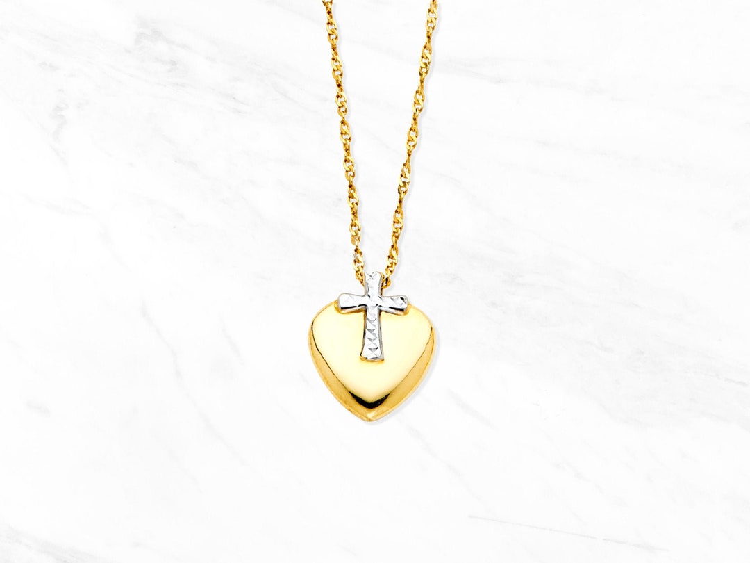 14K Gold Cross Heart Necklace Real Twotone 14K Gold Cross Pendant