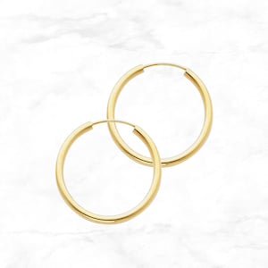 Medium 14K Gold Hoop Earrings • 25 mm width • 2 mm thick • Round Tube Gold Hoop Earrings • Real Yellow Gold Polished Endless Hoops